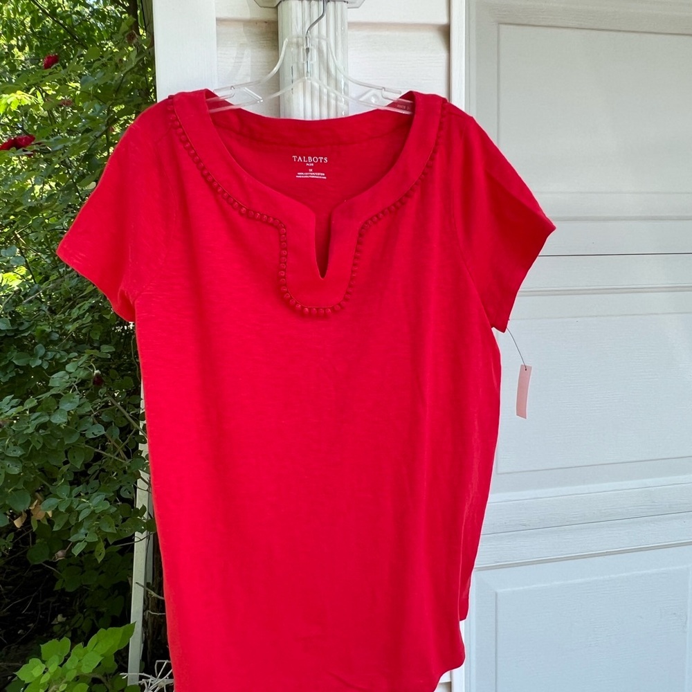 NWT Talbots Pretty Red Split Neck Dot Lace Trim Short Sleeve Top